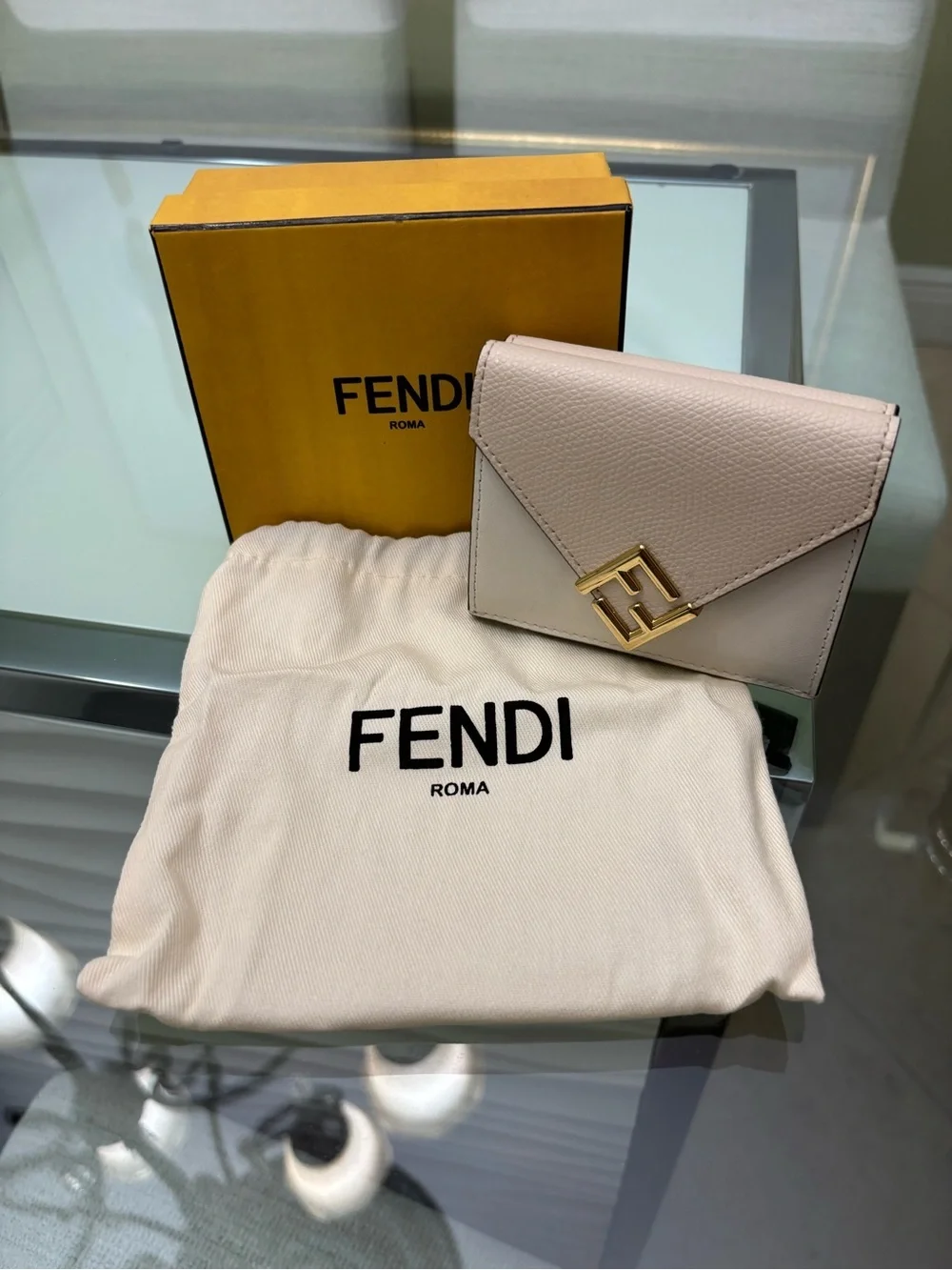 Authentic Fendi Tri-fold light pink and Cream Leather Wallet with Gold FF Logo